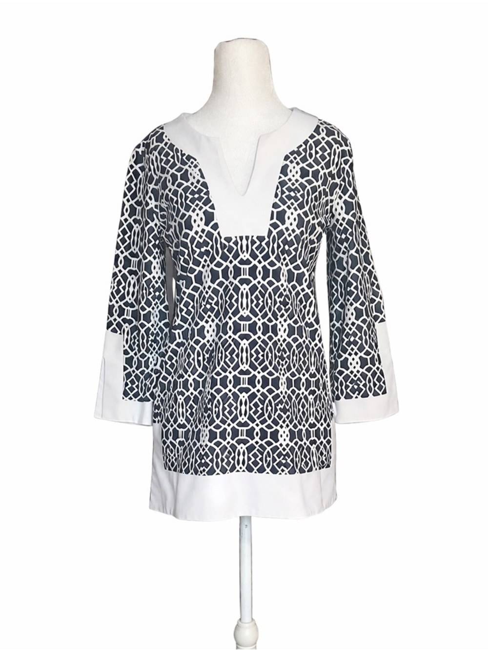 Jude Connally Holly Tunic Small Black White Geometric‎ Jude Cloth 3/4 Sleeve
